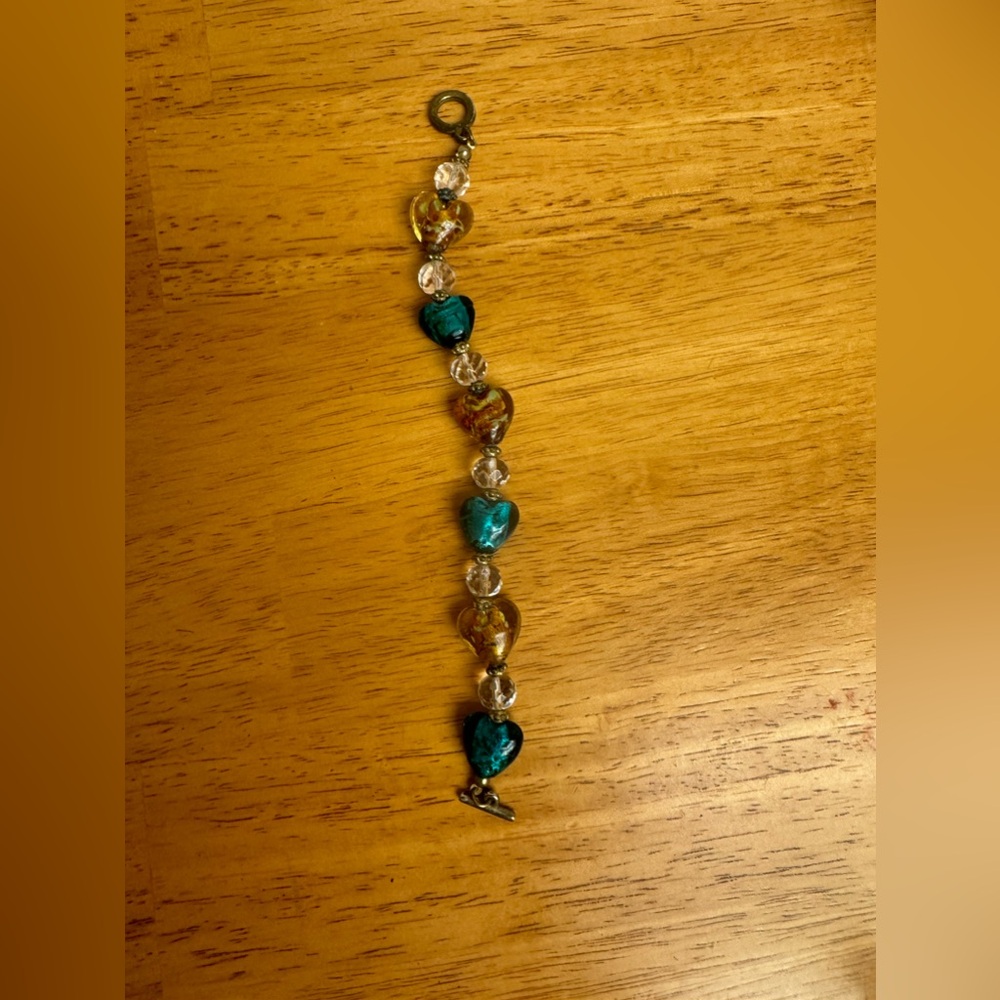 Murano Heart Bracelet Teal Gold Glass Bead Facet Cut Crystal Dichroic Fused